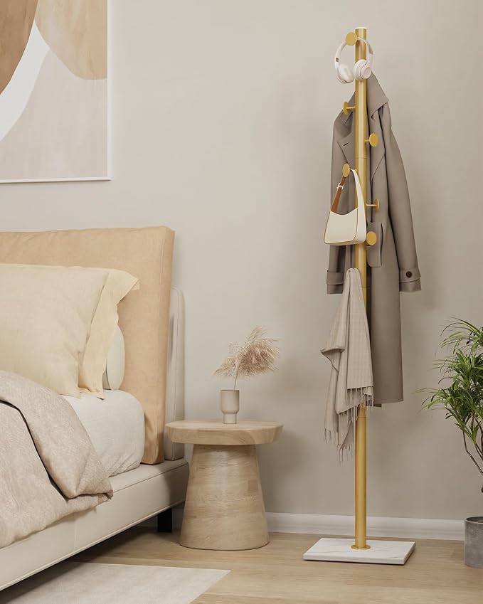 Clothes Rack Freestanding, Coat Stand with 8 Hooks, Gold | Small Garment Rack with Heavy Rock Slab Base, Modern Metal Clothing Rack for Hanging Clothes with 8 Hooks for Bedroom, Office