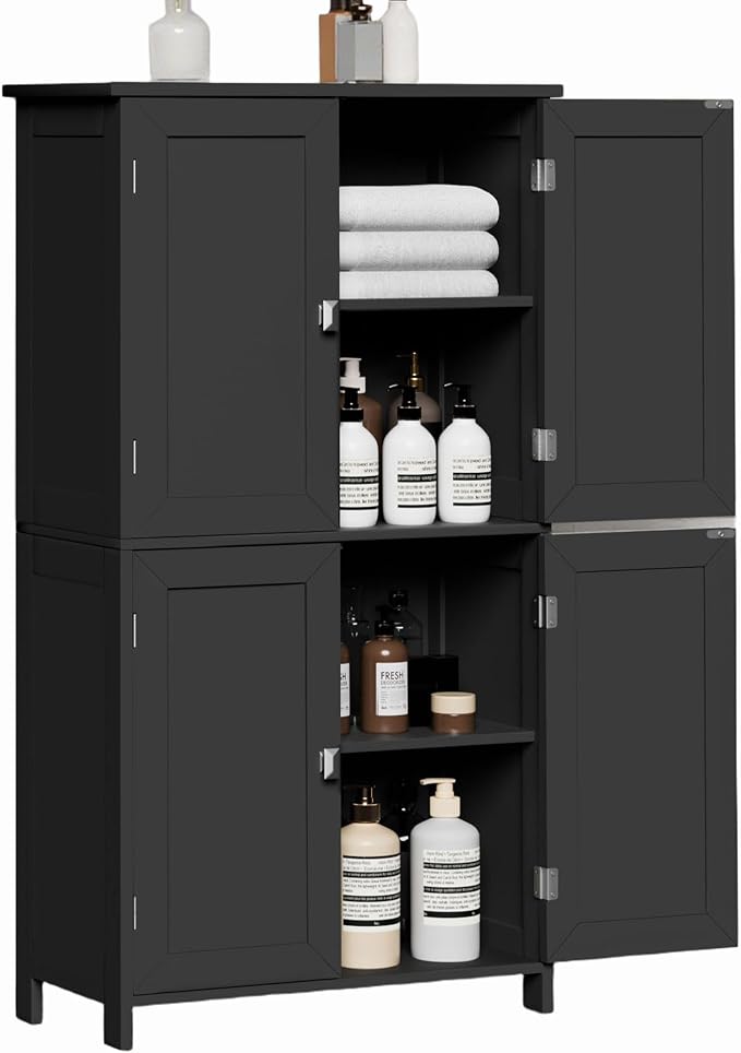 Bathroom Cabinet with Adjustable Shelf Freestanding Storage Cabinet with 2 Doors Wooden Organizer Floor for Bathroom Kitchen and Living Room (Black, 4 Doors)