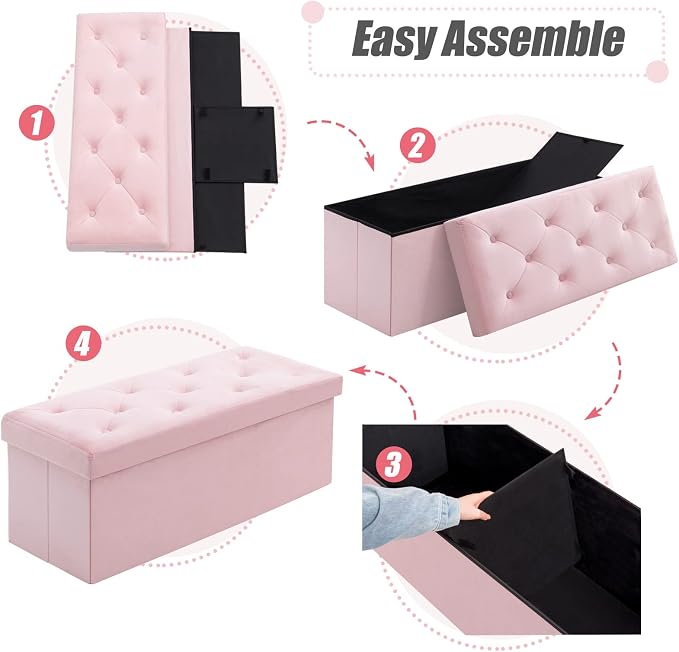 BRIAN & DANY 43 Inches Folding Storage Ottoman Bench, Velvet Ottoman with Storage for Living Room, Bedroom, Entryway, Ottoman Foot Rest, End of Bed Bench (Pink)