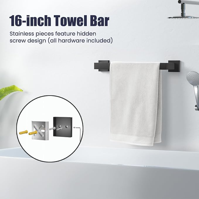 Bathroom Hardware Accessories Set: Bath Towel Bar Set, Towel Racks for Bathroom Wall Mounted, SUS304 Stainless Steel (Matte Black, 12-Pieces)