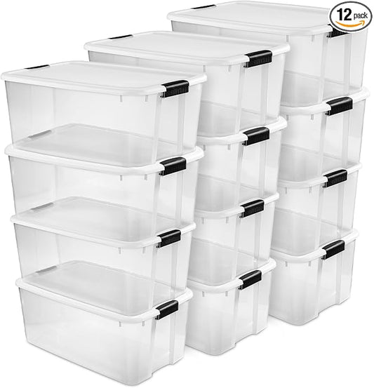 Sterilite Ultra Latch Box with Lids for Home and Office, 116 Quart, 12-Pack | Heavy-Duty and Stackable Plastic Containers with Latches for Closet, Cabinet, Bedroom, Bathroom and Dorm Room Organization