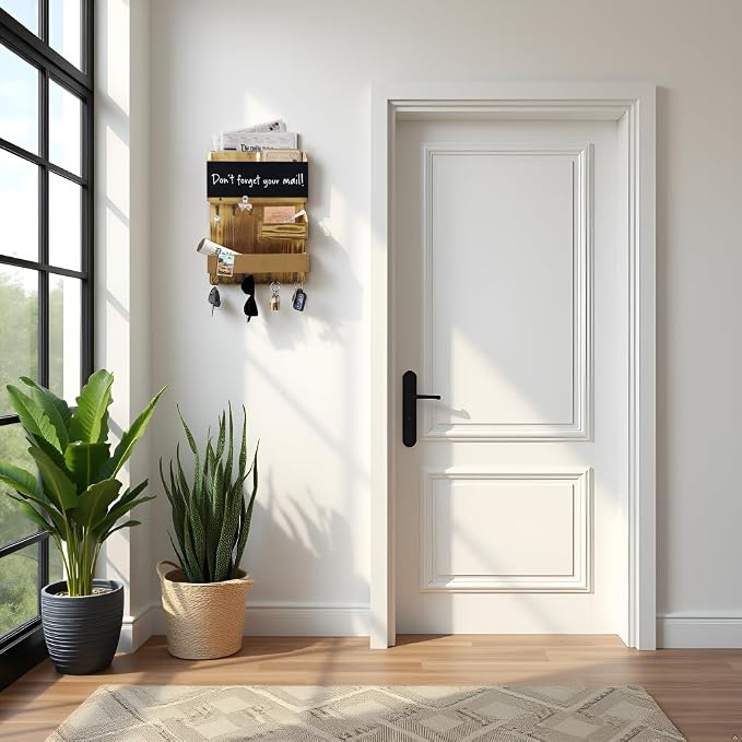 Mail Organizer Wall Mount，Key Holder Mail and Key Organizer for Wall with Shelf, Chalkboard, Corkboard, Home Decor for Room Office Entryway(Light Wood)