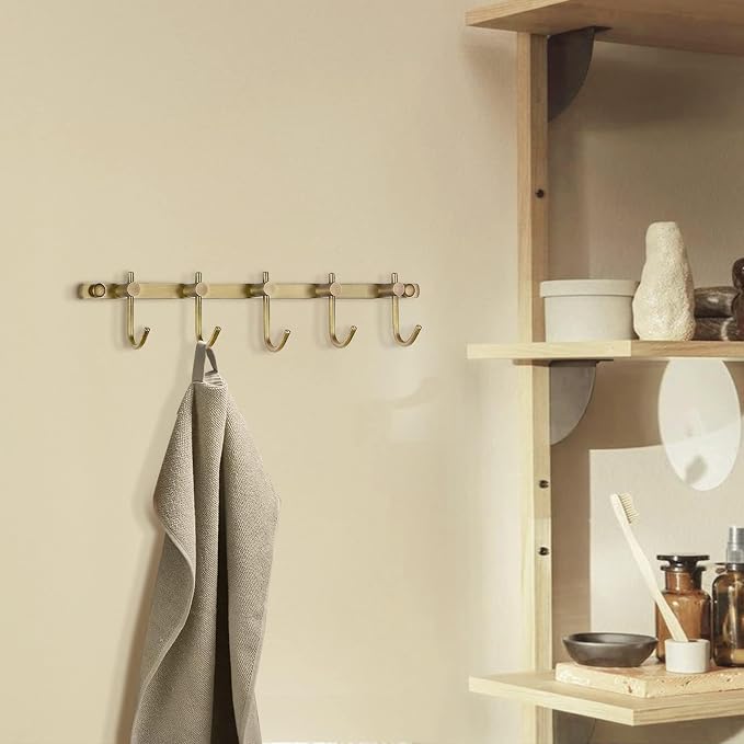 WINCASE Antique Brass Towel Hook, Brushed Brass Wall Hook Rail, 5 Hooks Antique Coat Hook Rail Hanger Bathroom Robe Hooks Rack Wall Mounted