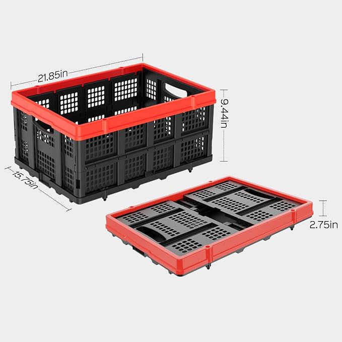 TOLRET 49L Collapsible Crate, Milk Crate for Storage, Foldable Storage Crate, Stackable Crate for Organizing for Home, Shopping, Camping, School, Office, Warehouse, Red