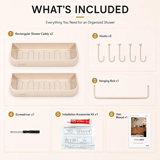 Shower Caddy Adhesive, No Drilling Rustproof Bath Organizer Shelf | Large Capacity,Includes Hooks&Hanging Bar, Aluminum Frame,2 Installation Ways,Wall-Mounted Bathroom Organizer Storage Shelves