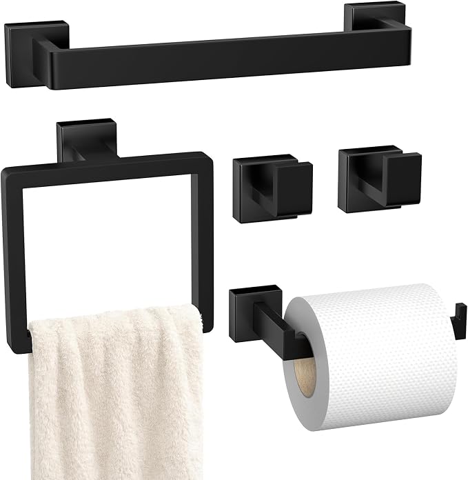 5-Pieces Matte Black Bathroom Accessories Set, 16 Inch Bath Towel Bar Set | Stainless Steel, Towel Ring, Toilet Paper Holder, Robe Hooks, Towel Racks for Bathroom Wall Mounted, Bathroom Hardware Set