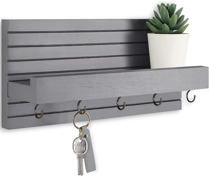 Lwenki Decorative Key Holder for Wall with Shelf, Entryway Shelf with Hooks Holds Leashes, Jackets and Glasses – Sturdy Wood Keyholder Entrance Hanger with Mounting Hardware (Gray, Medium)