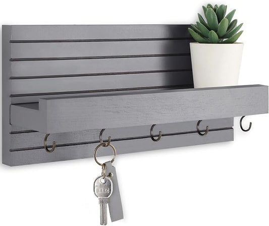 Lwenki Decorative Key Holder for Wall with Shelf, Entryway Shelf with Hooks Holds Leashes, Jackets and Glasses – Sturdy Wood Keyholder Entrance Hanger with Mounting Hardware (Gray, Medium)