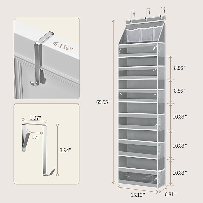 Yecaye 7 Tier Over the Door Organizer, Large Capacity Door Organizer Hanging with Clear PVC Windows, Behind the Door Storage for Bedroom Nursery Closet Laundry Pantry Bathroom, Grey