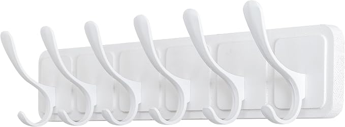 SKOLOO Coat Rack Wall Mount - Scandi-Style Wooden Carved-Block Coat Hook, Wall Coat Hanger with 6 Hooks for Hanging Coats, Hats, Clothing, Scarfs, White