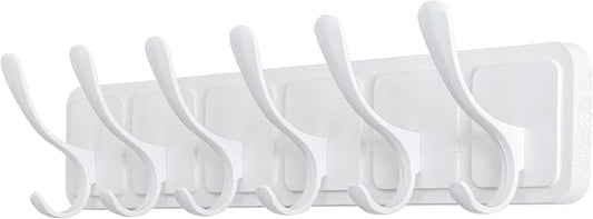 SKOLOO Coat Rack Wall Mount - Scandi-Style Wooden Carved-Block Coat Hook, Wall Coat Hanger with 6 Hooks for Hanging Coats, Hats, Clothing, Scarfs, White