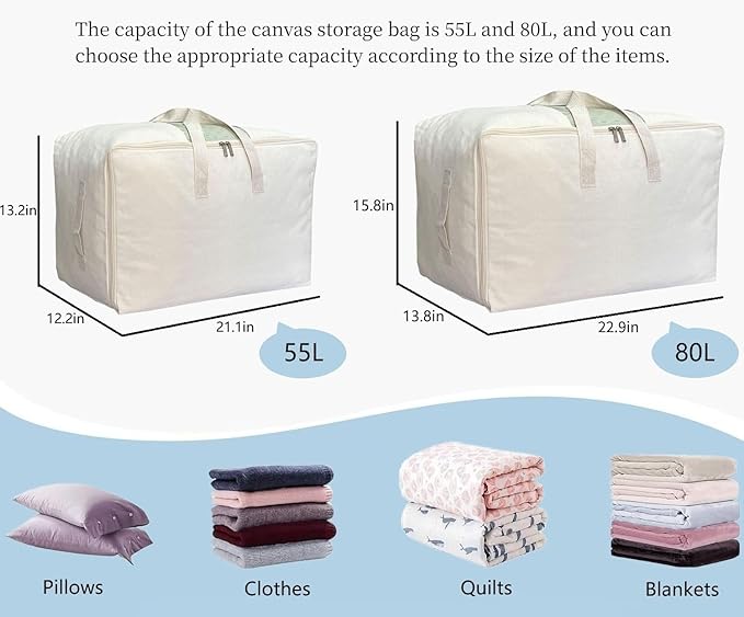 DoYiKe Soft Canvas Clothes Storage Bags with Four Carrying Handles and Clear Window, Closet Organizer for Clothing, Blankets Sheets and Bedding, 55L, 3 Pack, Beige
