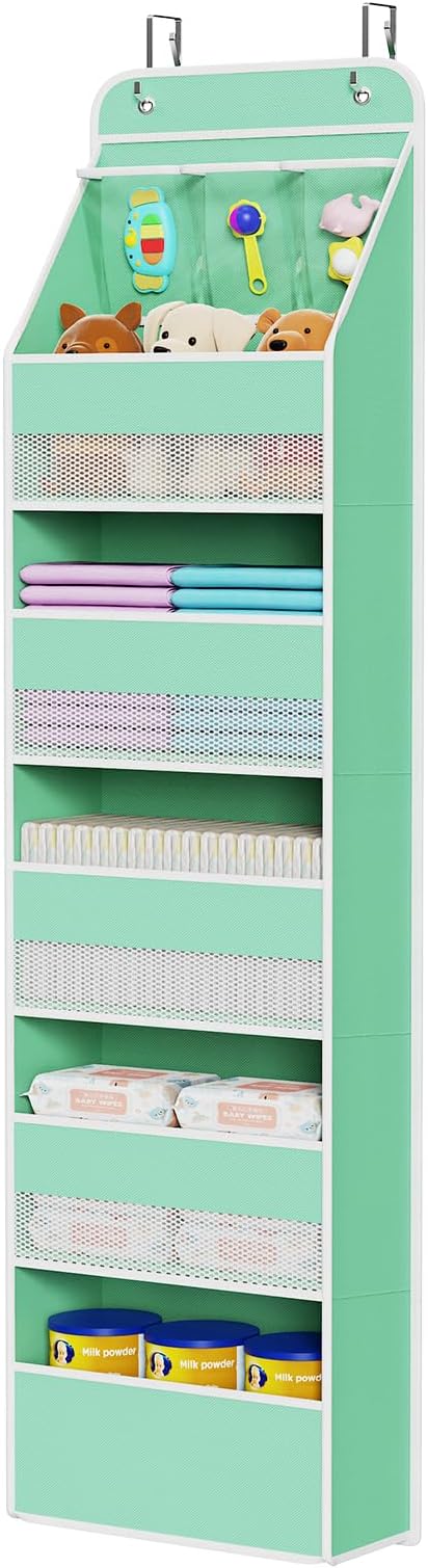 Univivi Fabric Over Door Hanging Organizer for Baby Nursery, Green, 6-Shelf | Door Storage with Large Capacity Breathable Mesh Pockets, Over Door Storage Organizer for Baby Essential, Bedroom, and Dorm