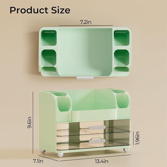 UFORU Makeup Organizer Countertop with 2 Large Drawers for Vanity Bathroom | Brush Holder, Large Capacity, Thickened Plastic, Compact Footprint, Space-Saving Design, Easy Clean, Ideal for Dorm Rooms
