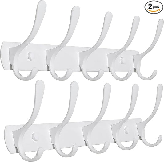SKOLOO Coat Rack Wall Mount White- Modern, Metal Wall Coat Rack with 5 Hooks, Pack of 2, Sturdy Wall Mounted Coat Hooks for Hanging Coat, Jacket, Clothes, Hats