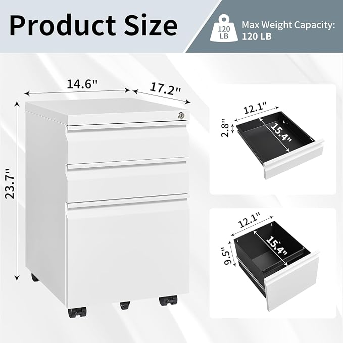 Guizeeopo 3 Drawer File Cabinet with Lock, File Cabinets for Home Office,Under Desk Cabinet, Locking File Cabinet for A4/Letter/Legal, Fully Assembled Expect Casters, Matte White