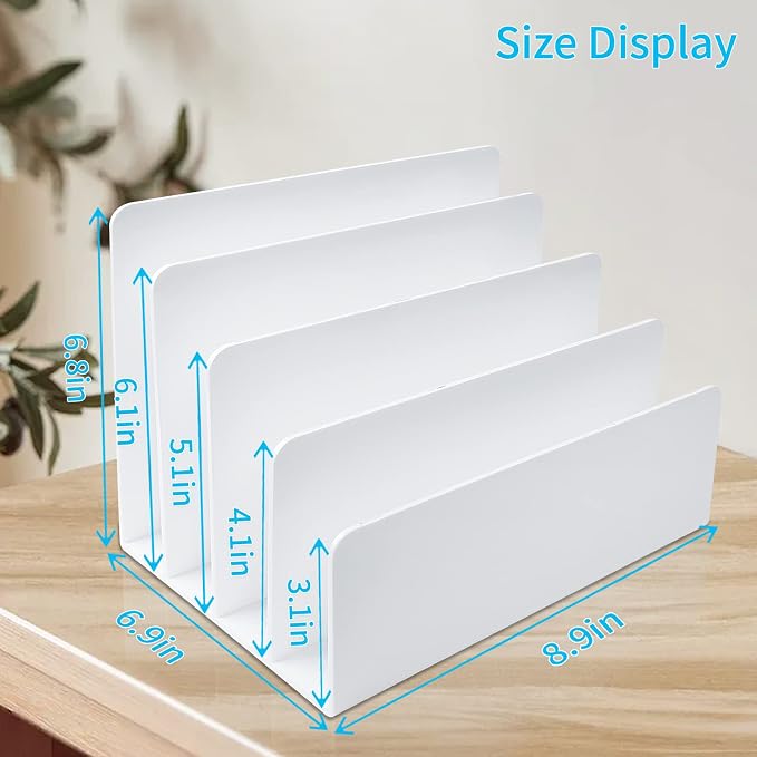 White Acrylic File Organizer - 4 Sections Desk Holder Sorter for Office Supplies, Electronics, Notebooks and Mail