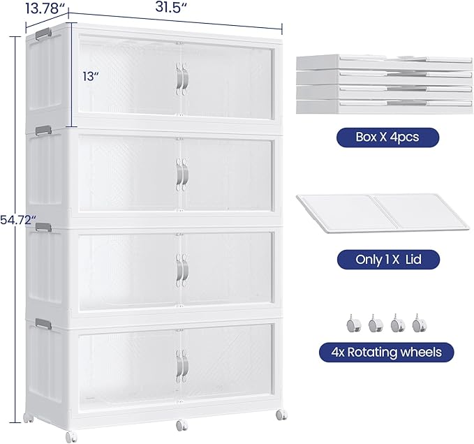 640QT Extra Large Stackable Storage Bins with Lid, 160Gal Plastic Closet Organizers and Storage Drawer, Collapsible Cabinet Box with Wheels Clear Doors for Home Kitchen Garage, 4Pack White