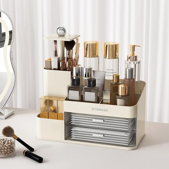 Large Makeup Organizer Countertop with Drawers, Make Up Organizer for Vanity, Makeup Storage Organizer Countertop Makeup Organizers for Skincare (Style2-Cream)