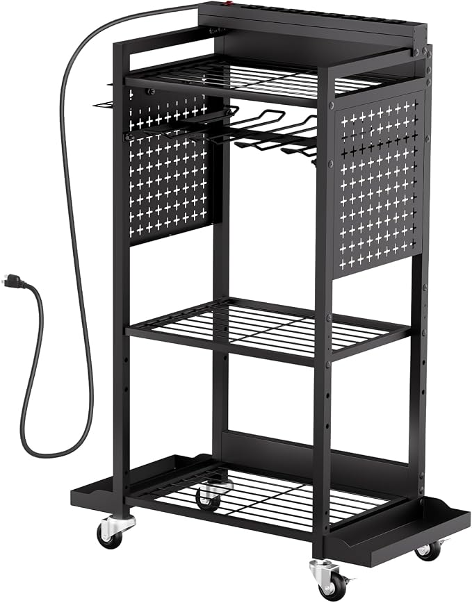 VEVOR 4-Tier Tool Organizer Cart with Charging Station, 8 AC Outlet, Floor Stand Rolling Drill Holder and Tool Battery Storage Rack on Wheels, Garage Floor Rolling Storage Cart for Workshop, Garage