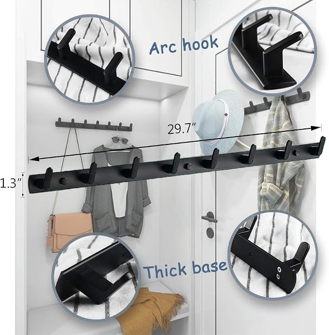 Wall Mounted Coat Rack, 8 Hooks, 29.7"x1.3", Modern, Black, 2 Pcs | Space Aluminum, Rustproof, for Hallway, Entryway, Hanging Holder for Clothes, Towel, Backpack, 40 lbs Capacity, Easy Install