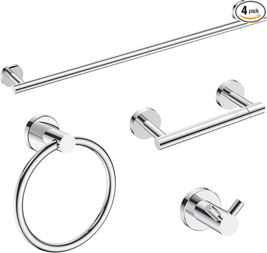 FORIOUS Bathroom Accessories, 4-Piece Bathroom Hardware Set - 18" Towel Bar | Chrome | Towel Hooks, Towel Racks for Bathroom, Toilet Paper Holder Wall Mounted & Towel Ring | SUS304 Stainless Steel