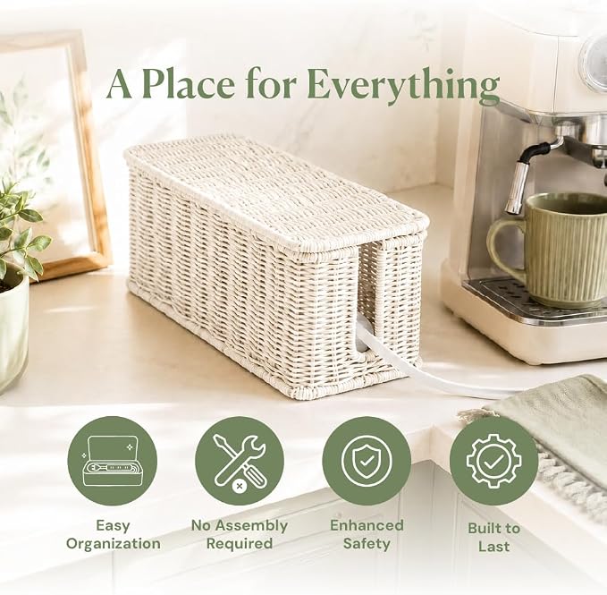 Cable Management Box, Handmade Rattan Cable Organizer with 2 Open Slots, Cord Hider for Power Strip, Router & USB Hub, Registered U.S. Design Patent (D1,112,102), 13" x 5.1" x 5.1", White