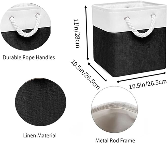 11x11 Inch Cube Storage Bins, 6 Pack Fabric Storage Cubes for Shelves, Cube Organizer Bins with Handles, Cloth Cubby Storage Bins for Home(White/black)