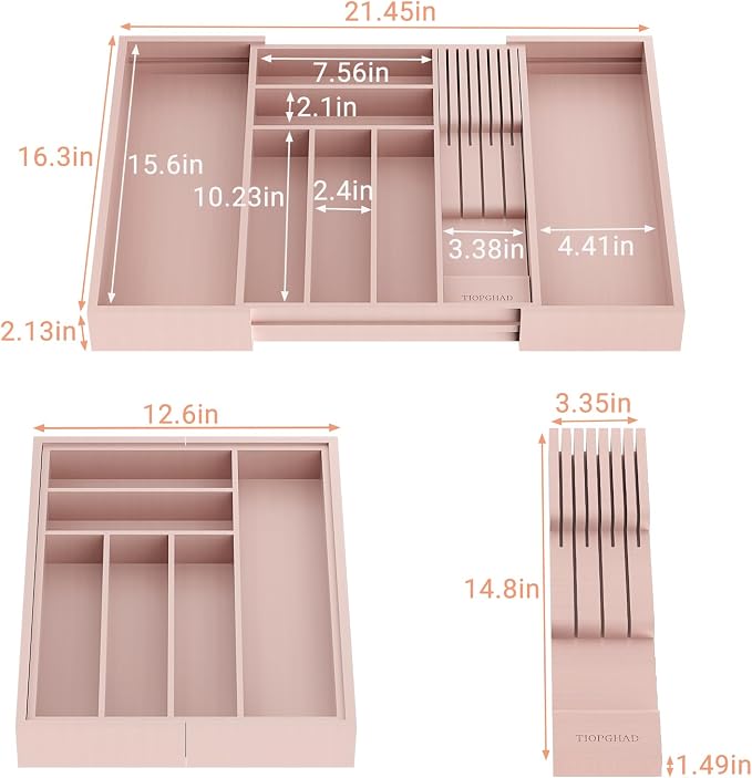 Expandable Bamboo Silverware Drawer Organizer Tray, Grey Pink | Removable Knife Block, Holds 7 Knives, Adjustable Dividers, 12.6-21.45 x 16.3 x 2.13 in, Drawer Insert for Utensils, Forks