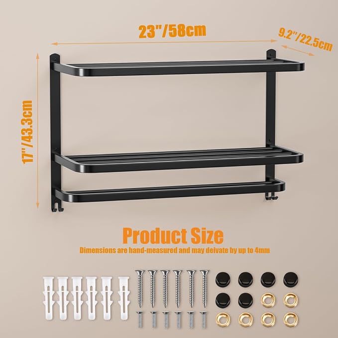 23 Inch 3-Tier Black Towel Racks for Bathroom with Towel Bars Multilayer Hotel Towel Shelf Stainless Steel Wall-Mounted Matte Finished Holder with Towel Shelves