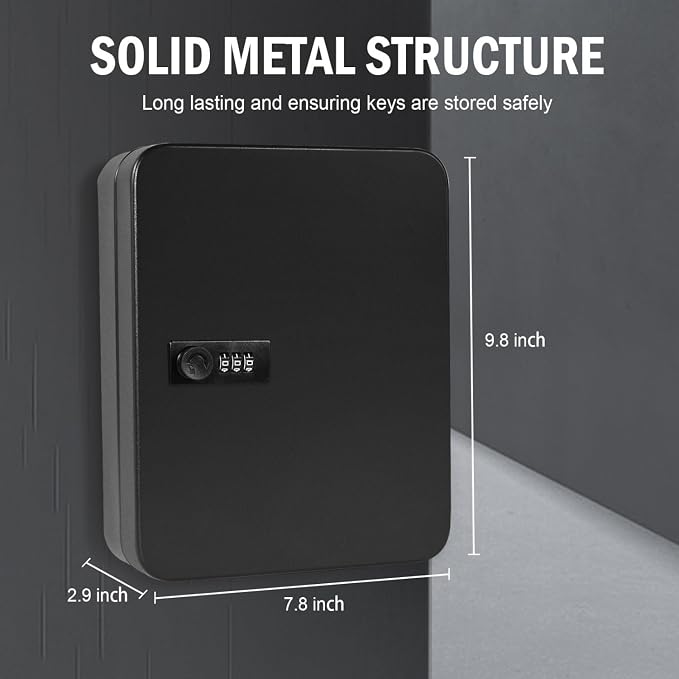 Key Box Wall Mount, 60 Steel Locking Key Cabinet Wall Mount, Combination Lock Box with Code, Hooks and Label Stickers