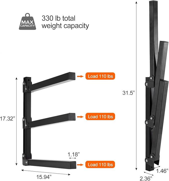Wall Mount Wood Organizer and Lumber Storage Metal Rack for Shed, Workshop, Garage with 3-Level (Black-4 Pack)