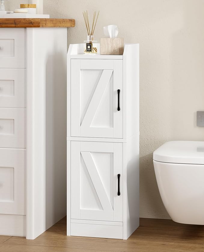 Narrow Bathroom Storage Cabinet with 2 Doors and Shelves, 9.8" W Small Storage Cabinet for Toilet Paper Storage, Slim Cabinet for Small Spaces, Bathroom, Kitchen, 9.8" W × 7.9" D × 29.5" H, White