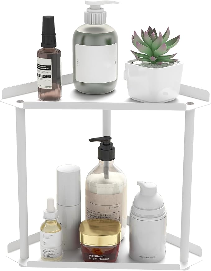 Jesginboo 2 Tier Bathroom Counter Organizer, Vanity Organizer Corner Shelf | Skincare, Makeup Countertop Organizers, Kitchen, Bathroom Counter Storage, White