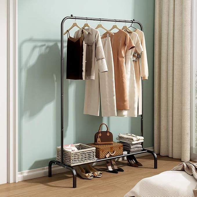 SUOERNUO Garment Racks with Bottom Shelf, Clothing Rack for Hanging Clothes | Metal Portable Clothes Shelves, Clothing Organizer for Bedroom Laundry Living Room, Black