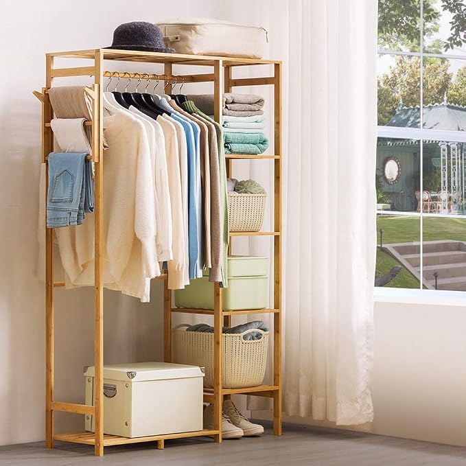 Ufine Bamboo Garment Rack with 6 Tier Storage Shelves & Hanging Rod | Heavy Duty Clothes Hanging Stand with Side Hooks, Portable Wardrobe Closet Organizer