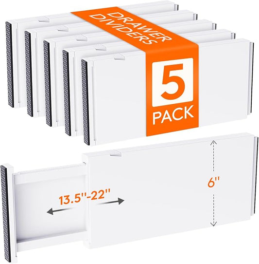 Lifewit 5 Pack 6" High Drawer Dividers 34-56cm/13.5-22" Adjustable Drawer Organizer for Clothes/Utensils, Expandable Drawer Separator in Dresser/Kitchen/Bedroom/Office Organization & Storage White