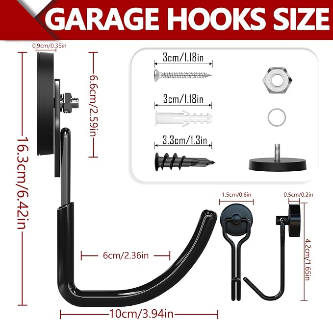 3-H Heavy Duty Magnetic Hooks, Large Magnet Hooks,2 Pack Black | No-Drill Tool Holder for Garage,Power Drill,Garden Tools,Hose Storage