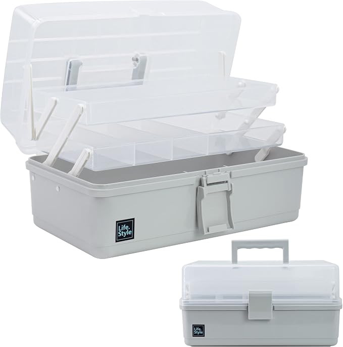 Creahaus 13 inch Art Craft Organizer Storage Box with 3 Layer, Multipurpose Plastic Tool Box with Handle for Sewing, Art Supply, Medicine, Nail, Hair Accessories (Grey)