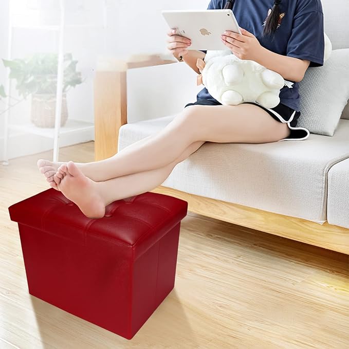 Bsketa Storage Ottoman, Folding Foot Stool with Thicker Foam Padded Seat Small Leather Storage Ottoman Bench Foot Rest for Living Room Foldable Coffee Table 17x13x13in,Red | Ottoman with Storage, Thicker Foam Padded Seat, Living Room, Dorm, Bedroom, Lo...