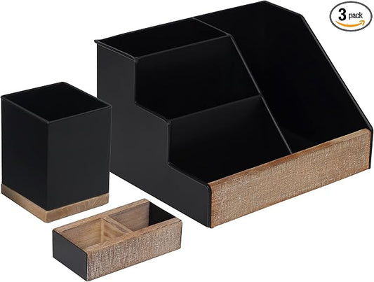 HBCY Creations 3 PIECE Black Metal Desk Organizer Set | Rustic Mail Organizer Desktop | Rustic Industrial Home Decor