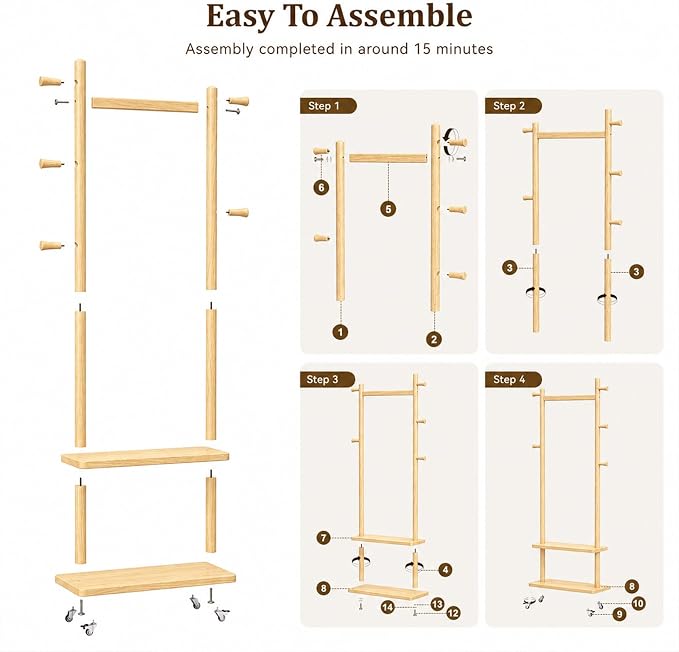 Taitiy Coat Rack Freestanding Solid Wood with Wheels 2 Shelves 5 Hooks | 100% solid rubberwood,hidden 360° silent wheels,2 tier shelves,5 hooks,small clothing rack,entryway bedroom living room
