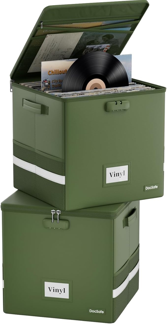 DocSafe Vinyl Record Storage Box with Lock,Fireproof Record Organizer Storage for 100+ Single Records(12-inch), Collapsible Storage Crate with Lid & Handles for Valuable Album Collection,Green,2 Pack