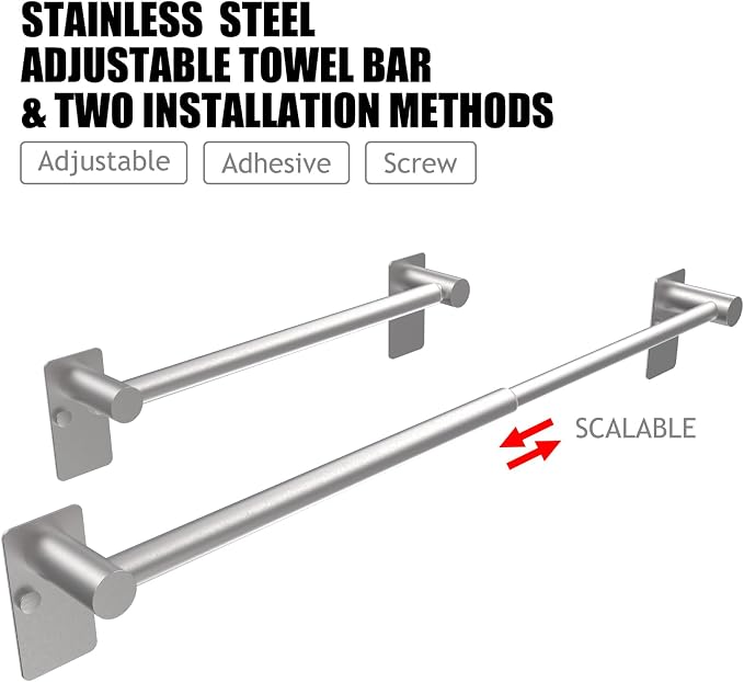 Adjustable Towel Bar, 16.7inch to 28.5inch Towel Racks for Bathroom, Self Adhesive Towel Rack Wall Mounted, 304 Stainless Steel Stick on Bathroom Towel Rod (Brushed Nickel, 2 Pack)