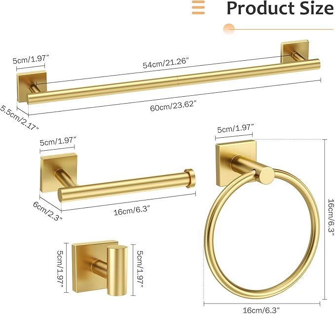 5 Pieces Brushed Gold Bathroom Hardware Set Towel Bar Set Stainless Steel Wall-Mounted Bathroom Accessories Set 23.6 Inch Towel Racks for Bathroom