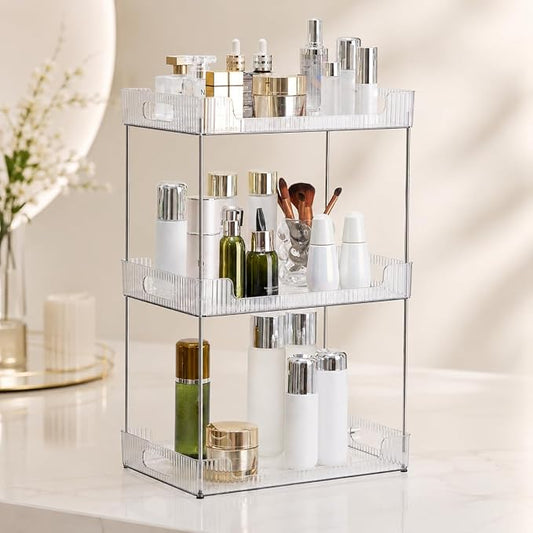 Goderewild 3 Tier Bathroom Counter Organizer, Multi-Purpose Cosmetics Skincare Shelf, Fits A4 Size Makeup Organizer for Office and Vanity Tray, Countertop Storage Solution for Kitchen,Bath.(Clear)