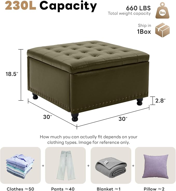 Tbfit Large Square Storage Ottoman Bench, Button Tufted Upholstered Coffee Table Ottoman with Wooden Legs, Oversized Storage Ottomans Toy Box Footrest for Living Room, Green PU