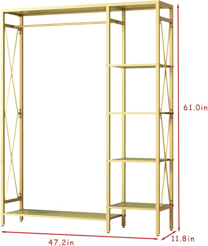 TIEOU Modern Gold Clothes Racks Free-Standing, Gold Clothing Rack with Shelves for Boutiques, Heavy Duty Garment Rack for Hanging Clothes, Large Wardrobe Closet