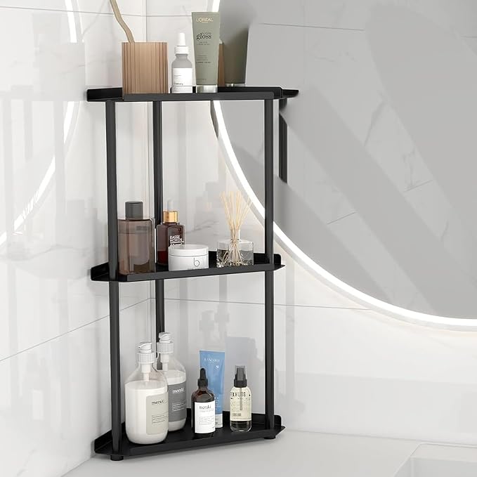 FLE Corner Bathroom Counter Organizer, 3 Tier Corner Shelf Countertop Black | 3 Tier Corner Shelf, Tabletop Mount,Waterproof solid shelf fits bathroom toiletries and kitchen condiment storage.