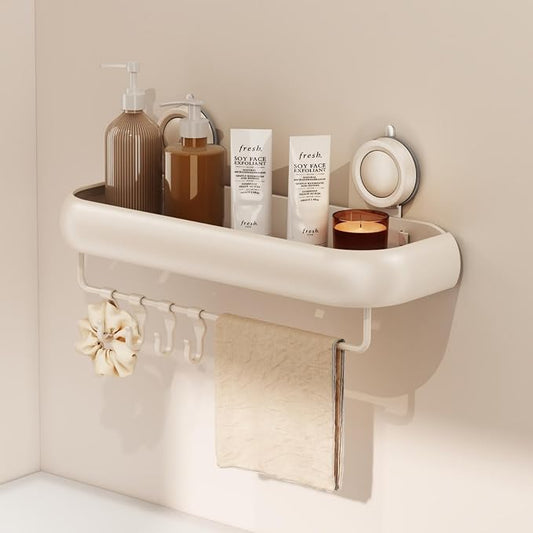 CICUFY Shower Caddy Suction Cup, 1 Pack No Drilling Corner Shower Shelves, Rust Proof Bathroom Storage Organizer, Shower Corner Caddy with Removable Hooks and Towel Bar, Square, Cream